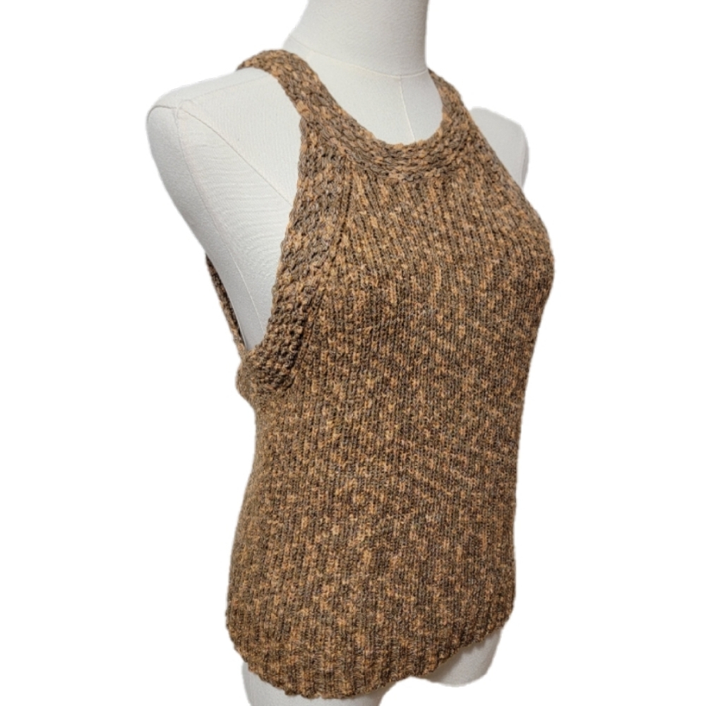Marled Medium Boho Festival Knit High Neck Brown Neutral Tank Top - Picture 2 of 6